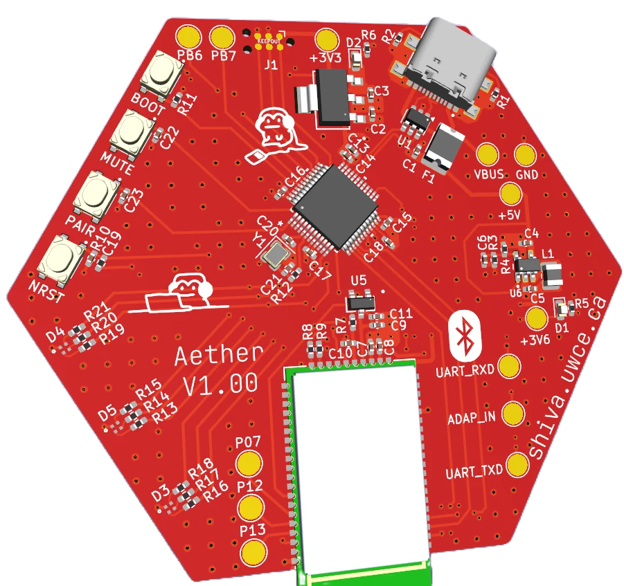 Aether's red hexagonal PCB, with the BM83 module, STM32 and USB-C connector