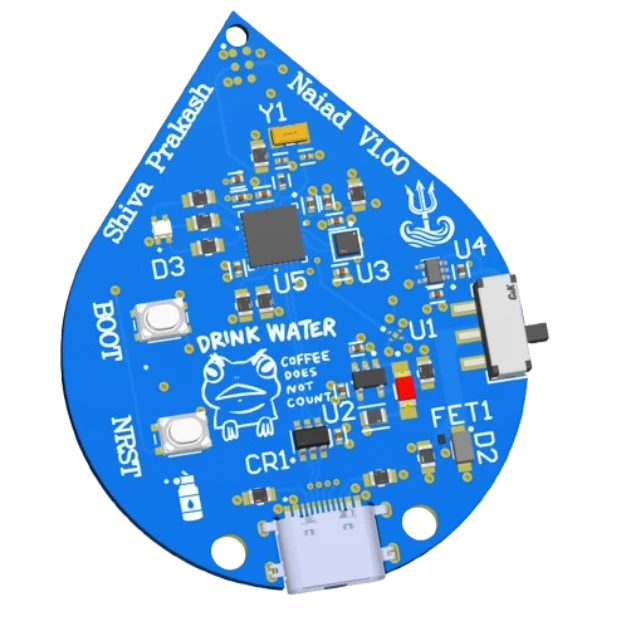Naiad's blue water-drop shaped circuit board with its components and USB-C connector